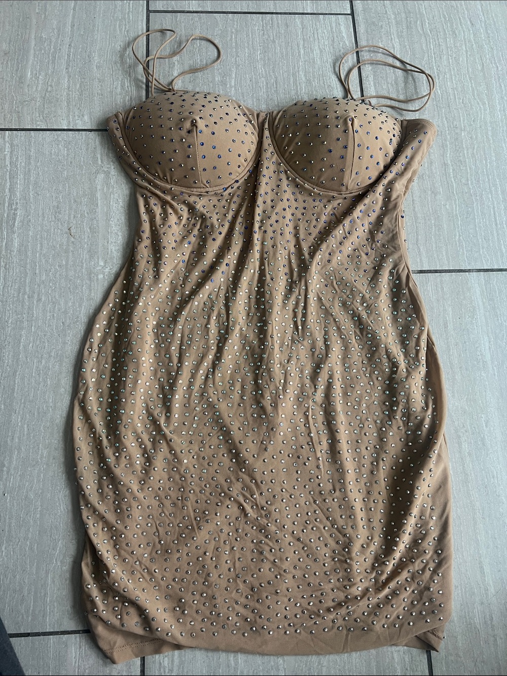 Haute Monde Nude-Beige Strapless Studded Bodycon Dress